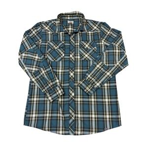 LL Bean Mens Tall Large Plaid Western Snap Flannel Shirt Teal Yellow 298103